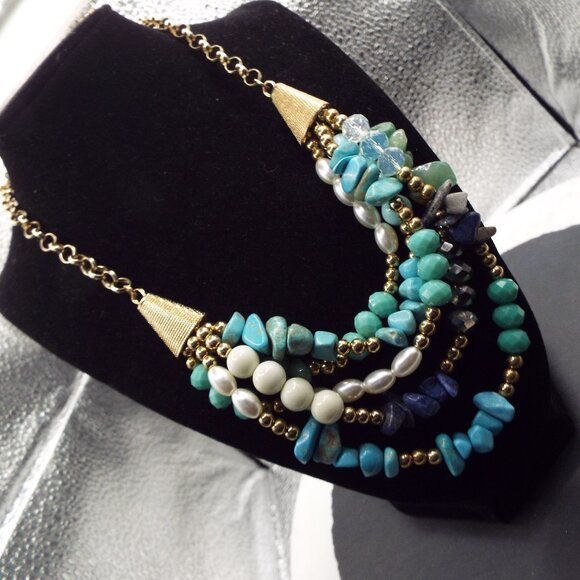 NATURAL STONES IN BLUES AND GREENS Jewelry - NATURAL TURQUOISE, JADE, LAPIS, CRYSTAL STONES CHUNKS 5 STRD. GOLDEN NECKLACE 68